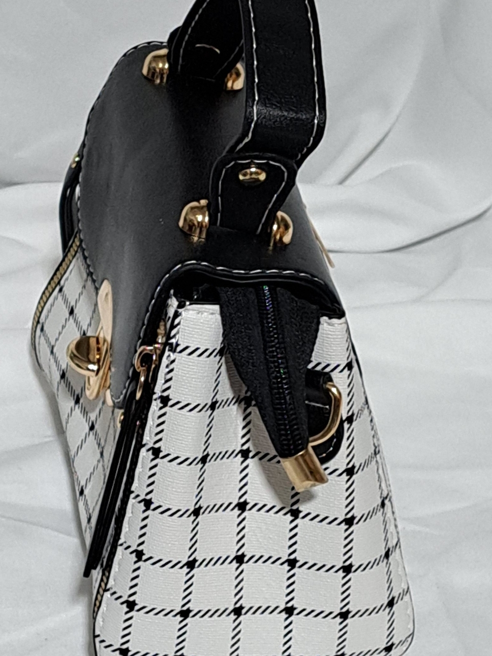 Plaid Black and White Top-Handle Satchel with Charm - Picture 14 of 16
